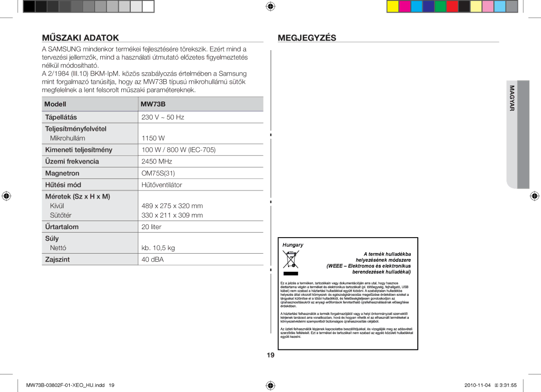 Samsung MW73B/BAL manual Műszaki adatok, Megjegyzés, Modell 