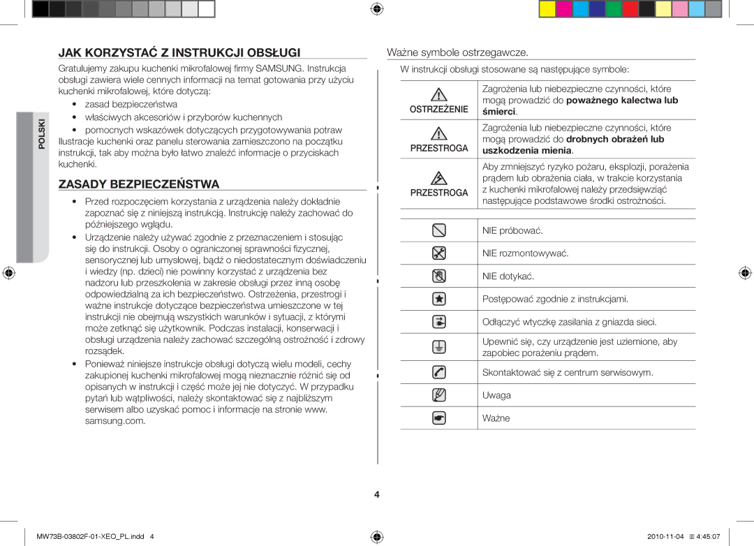 Samsung MW73B/BAL manual Jak korzystać z instrukcji obsługi, Zasady bezpieczeństwa, Ważne symbole ostrzegawcze 