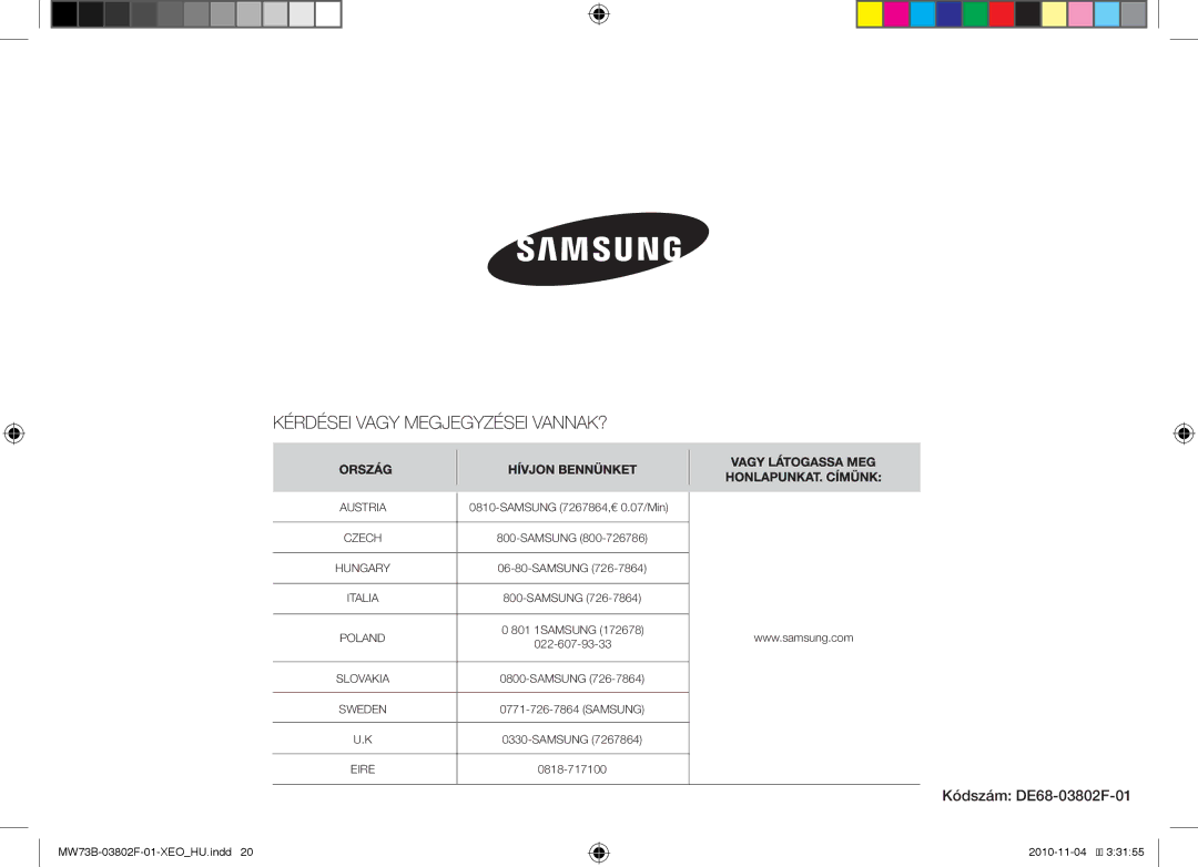 Samsung MW73B/BAL manual Kódszám DE68-03802F-01 