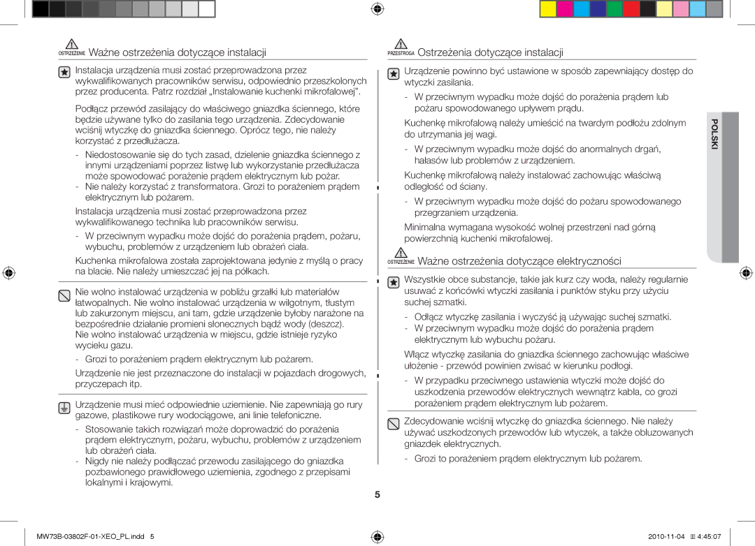 Samsung MW73B/BAL manual Ostrzeżenie Ważne ostrzeżenia dotyczące elektryczności 