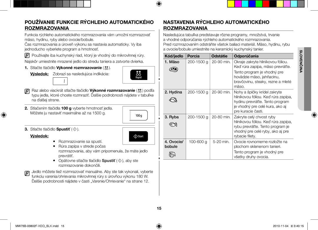 Samsung MW73B/BAL Používanie funkcie rýchleho automatického rozmrazovania, Nastavenia rýchleho automatického rozmrazovania 