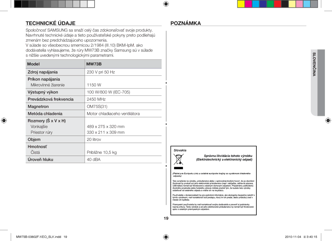 Samsung MW73B/BAL manual Technické údaje, Poznámka 