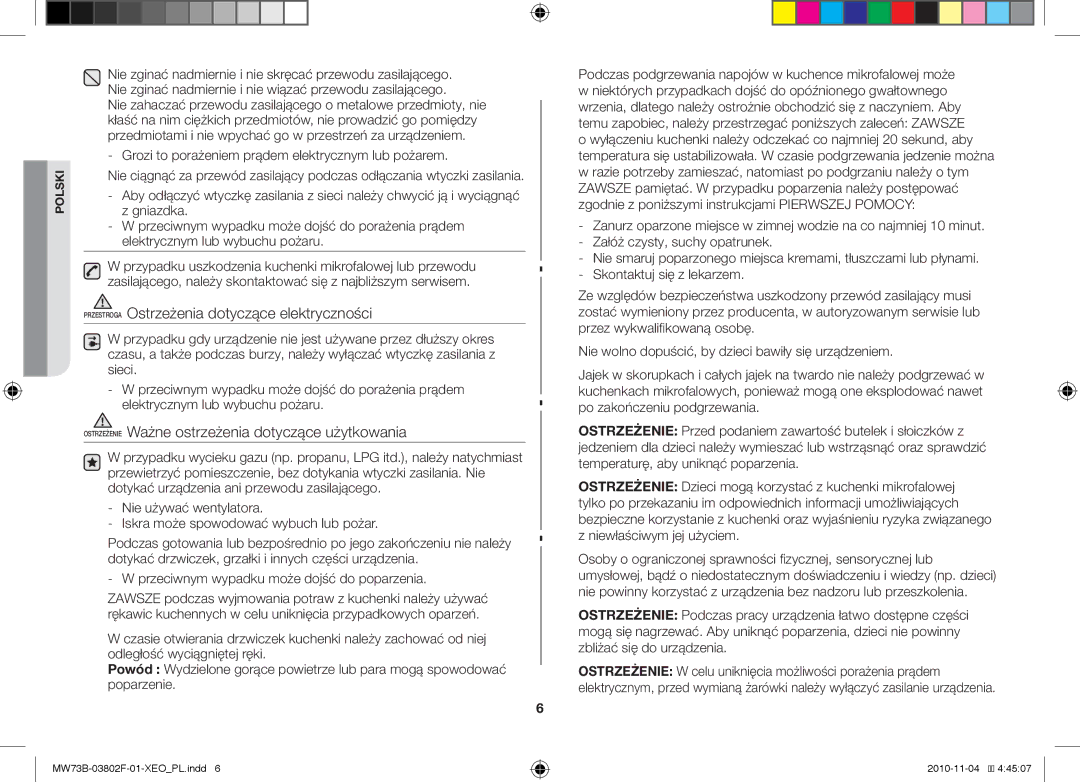 Samsung MW73B/BAL Przestroga Ostrzeżenia dotyczące elektryczności, Ostrzeżenie Ważne ostrzeżenia dotyczące użytkowania 