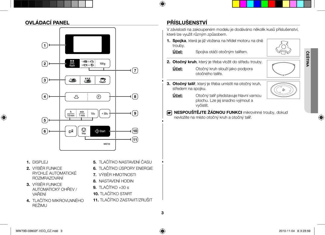 Samsung MW73B/BAL manual Ovládací panel Příslušenství 