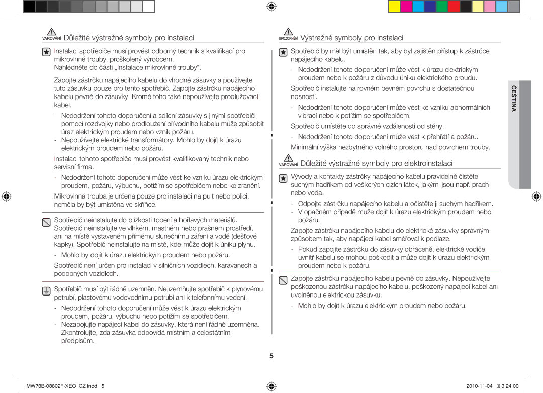 Samsung MW73B/BAL manual Varování Důležité výstražné symboly pro elektroinstalaci 