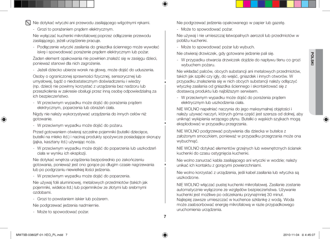 Samsung MW73B/BAL manual MW73B-03802F-01-XEOPL.indd 2010-11-04 44507 