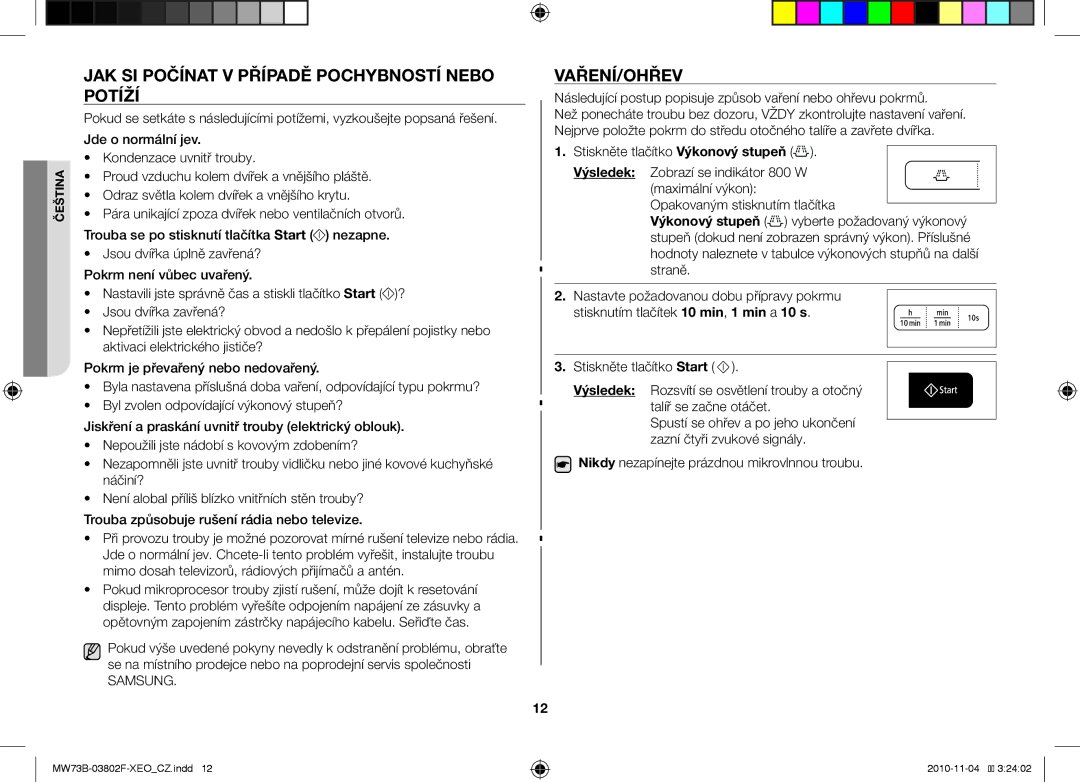 Samsung MW73B/BAL manual Jak si počínat v případě pochybností nebo potíží, Vaření/Ohřev 