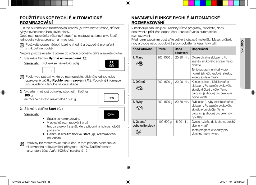 Samsung MW73B/BAL Použití funkce Rychlé automatické rozmrazování, Nastavení funkce Rychlé automatické rozmrazování, 100 g 