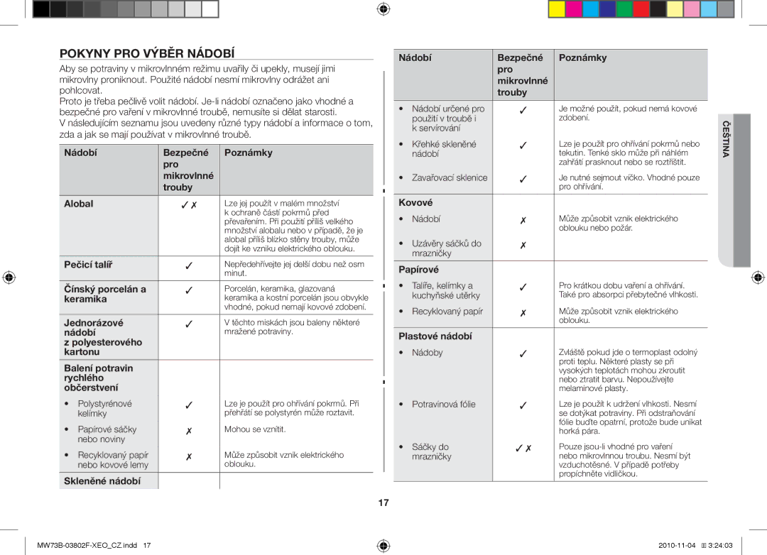 Samsung MW73B/BAL manual Pokyny pro výběr nádobí 