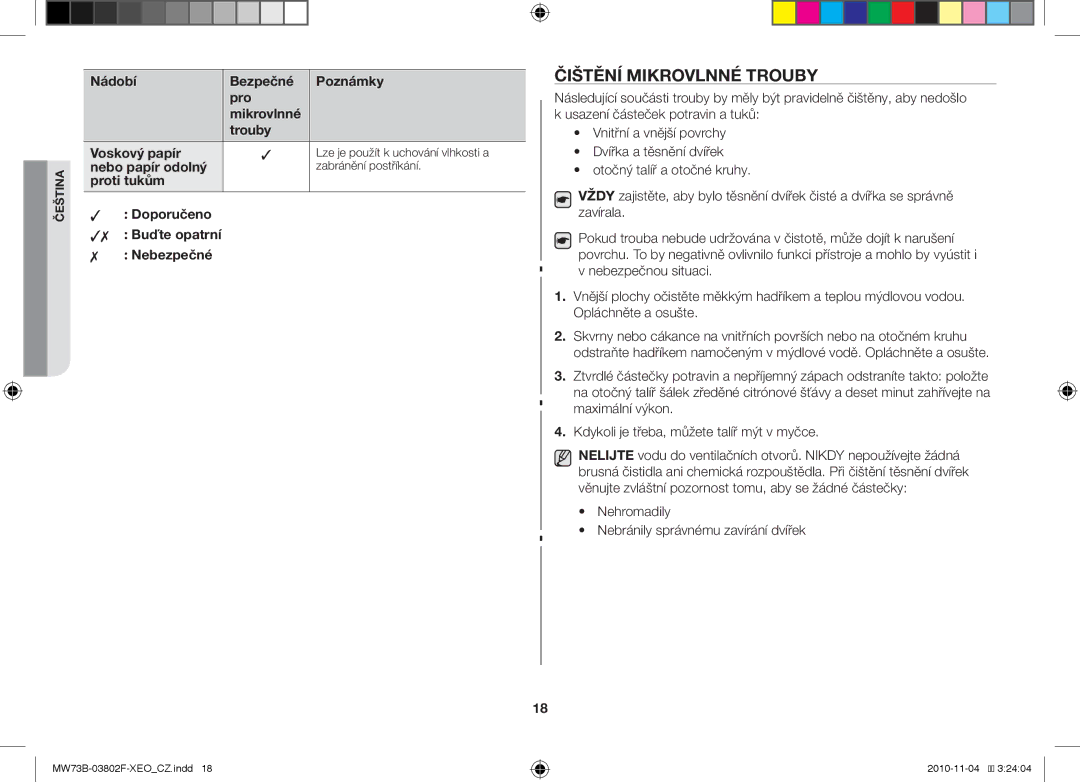 Samsung MW73B/BAL manual Čištění mikrovlnné trouby, Nádobí Bezpečné Poznámky Pro, Trouby Voskový papír, Nebo papír odolný 