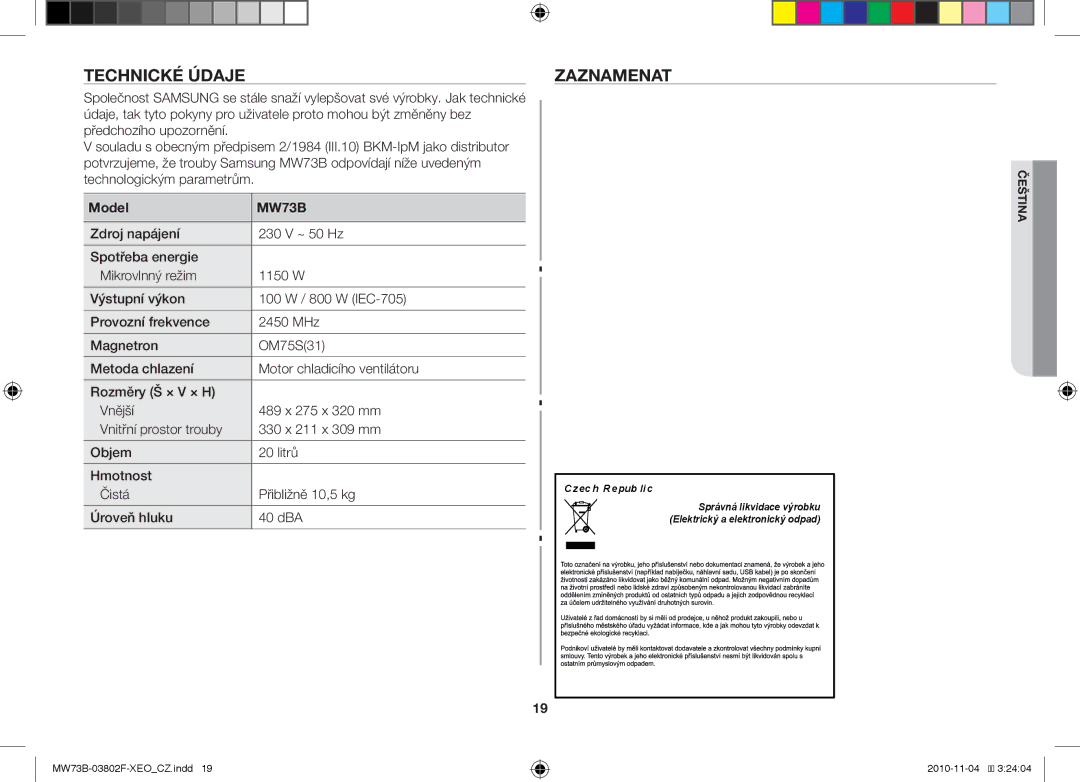 Samsung MW73B/BAL manual Technické údaje Zaznamenat, Model 