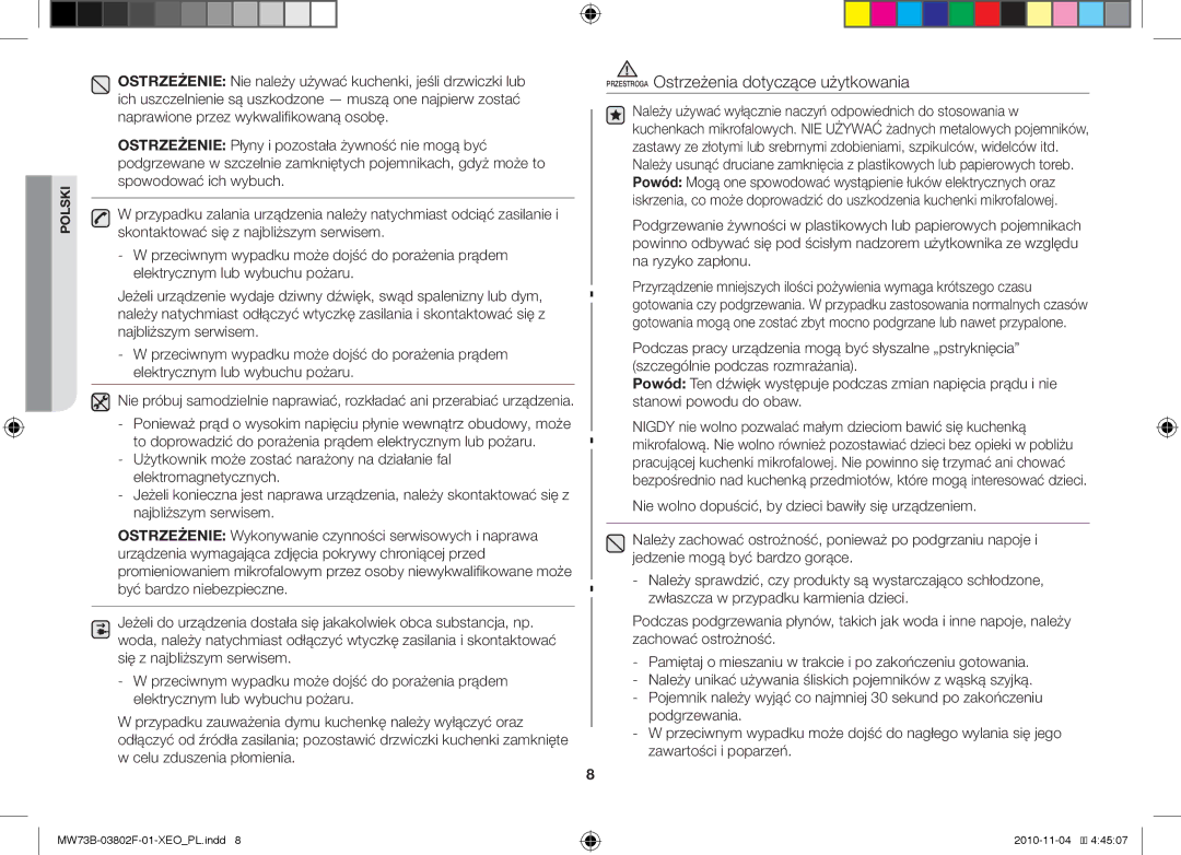 Samsung MW73B/BAL manual Przestroga Ostrzeżenia dotyczące użytkowania 