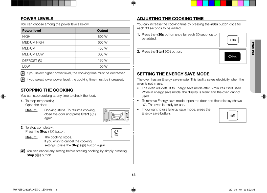 Samsung MW73B/BAL manual Power levels, Stopping the cooking, Adjusting the cooking time, Setting the energy save mode 