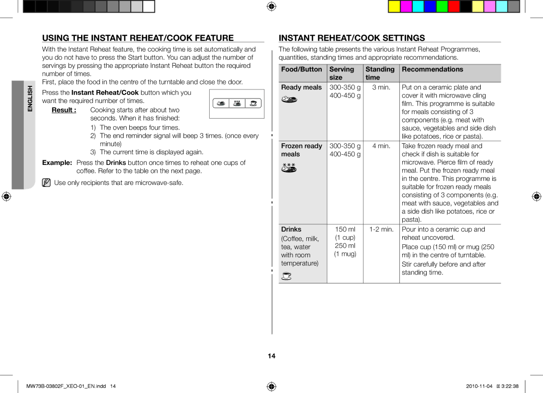 Samsung MW73B/BAL manual Using the instant reheat/cook feature, Instant reheat/Cook settings 