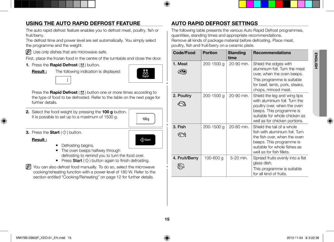 Samsung MW73B/BAL manual Using the auto rapid defrost feature, Auto rapid defrost settings 