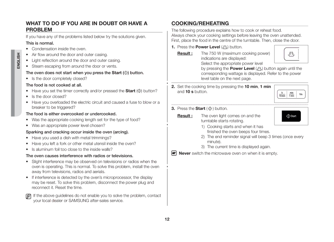 Samsung MW73B/ELE manual What to do if YOU are in Doubt or have a Problem, Cooking/Reheating, Result 