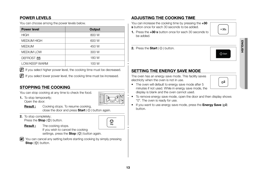 Samsung MW73B/ELE manual Power Levels, Stopping the Cooking, Adjusting the Cooking Time, Setting the Energy Save Mode 