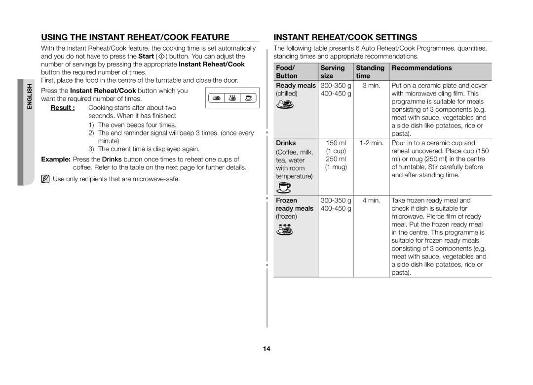 Samsung MW73B/ELE manual Using the Instant REHEAT/COOK Feature, Instant REHEAT/COOK Settings 