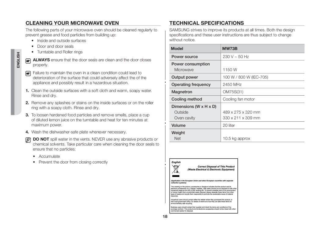 Samsung MW73B/ELE manual Cleaning Your Microwave Oven, Technical Specifications, Model 