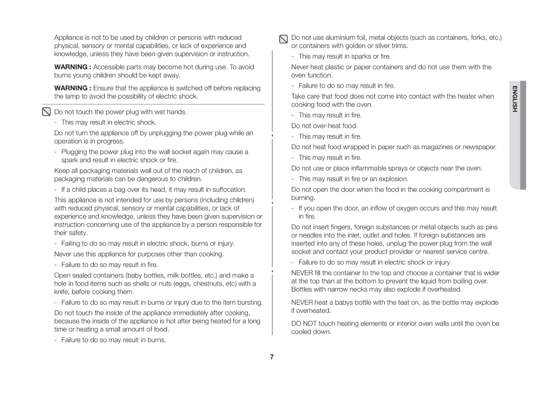 Samsung MW73B/ELE manual This may result in fire. Do not over-heat food 