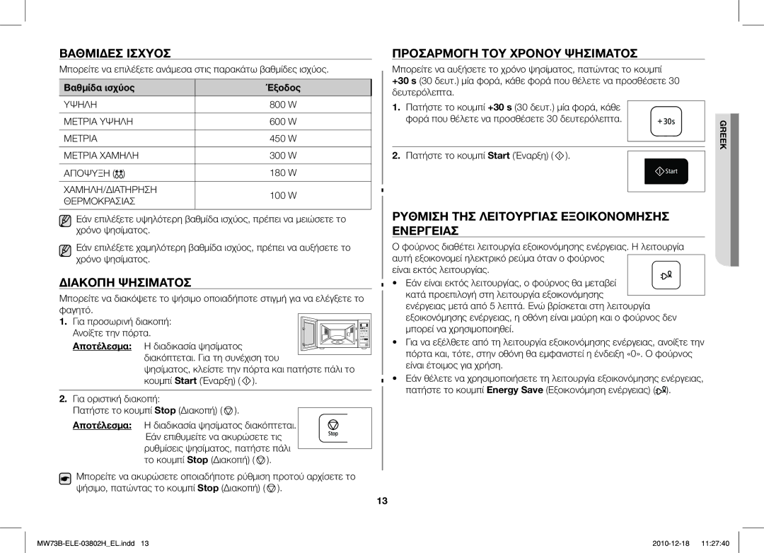 Samsung MW73B/ELE manual Βαθμίδεσ Ισχύοσ, Διακοπή Ψησίματοσ, Προσαρμογή ΤΟΥ Χρόνου Ψησίματοσ 