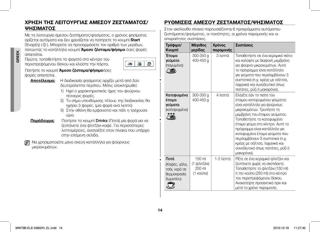 Samsung MW73B/ELE manual Χρήση ΤΗΣ Λειτουργίασ Άμεσου ΖΕΣΤΆΜΑΤΟΣ/ Ψησίματοσ, Ρυθμίσεισ Άμεσου ΖΕΣΤΆΜΑΤΟΣ/ΨΗΣΊΜΑΤΟΣ 