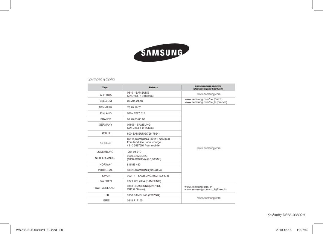 Samsung MW73B/ELE manual Κωδικός DE68-03802H 