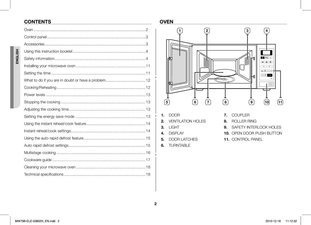 Samsung MW73B/ELE manual Contents, Oven 