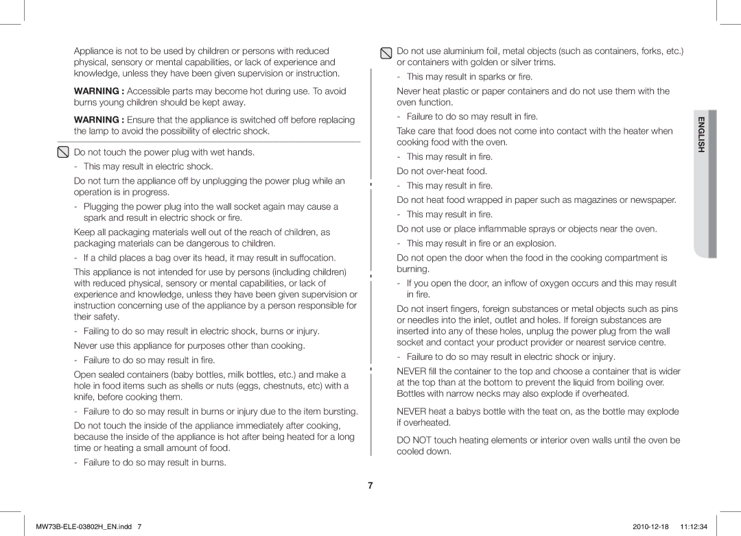 Samsung MW73B/ELE manual This may result in fire. Do not over-heat food 