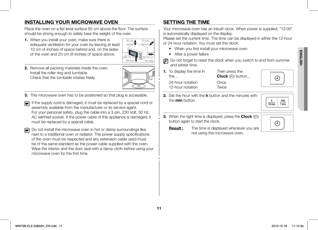 Samsung MW73B/ELE manual Installing Your Microwave Oven, Setting the Time 