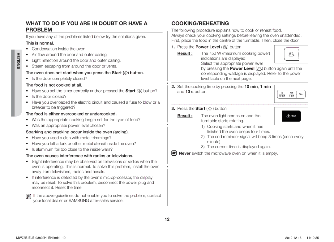 Samsung MW73B/ELE manual What to do if YOU are in Doubt or have a Problem, Cooking/Reheating, Result 