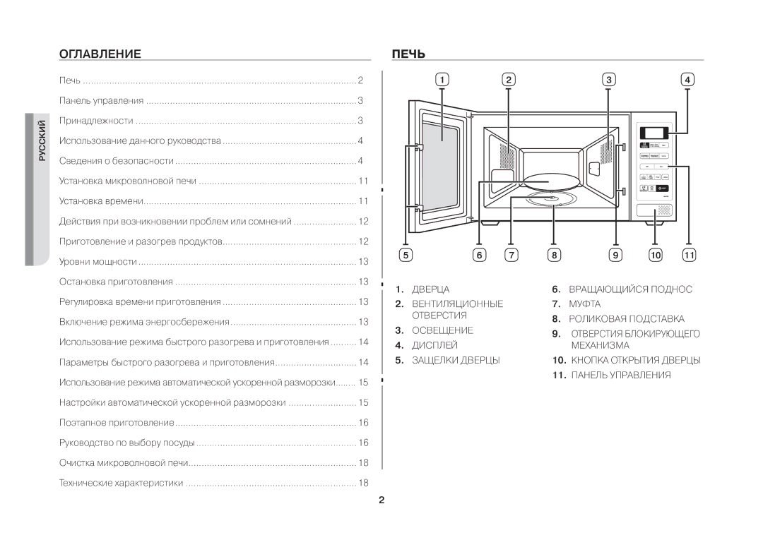 Samsung MW73BR-X/BWT manual Оглавление, Печь 