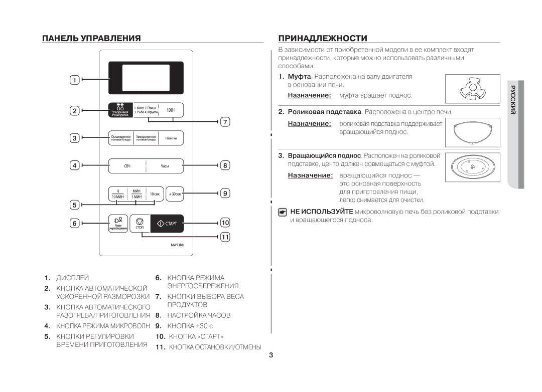 Samsung MW73BR-X/BWT manual Панель управления, Принадлежности, Кнопка +30 с, Назначение вращающийся поднос 