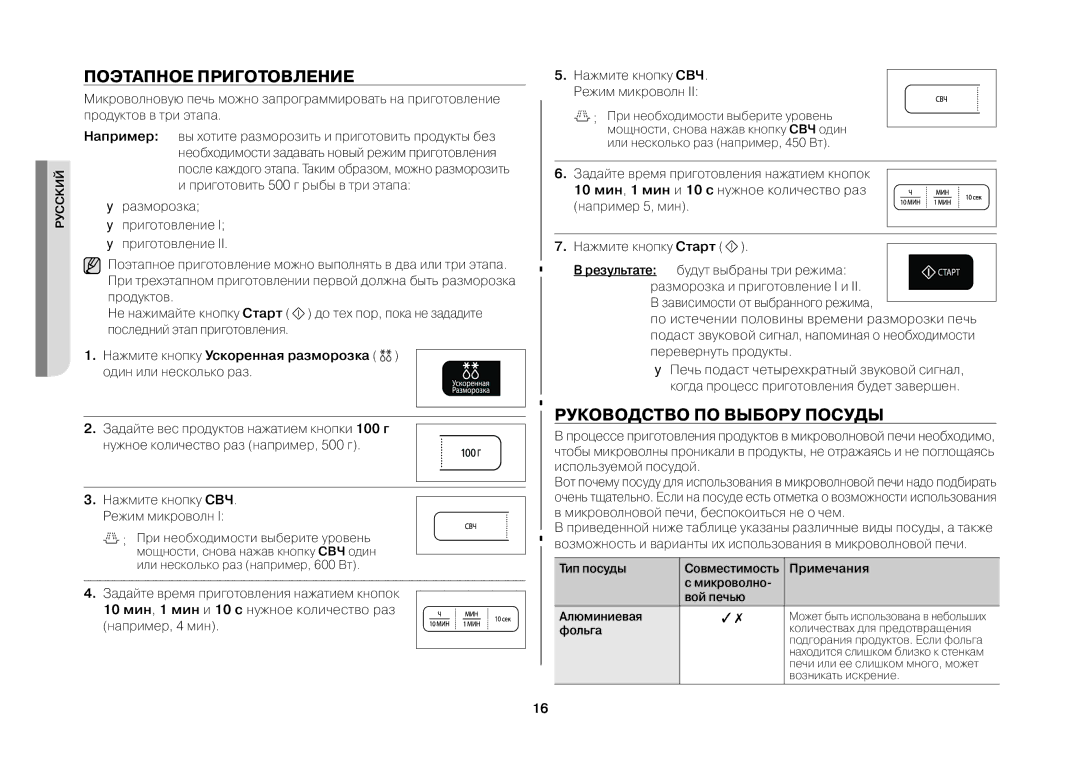 Samsung MW73BR/BWT manual Поэтапное приготовление, Руководство по выбору посуды 