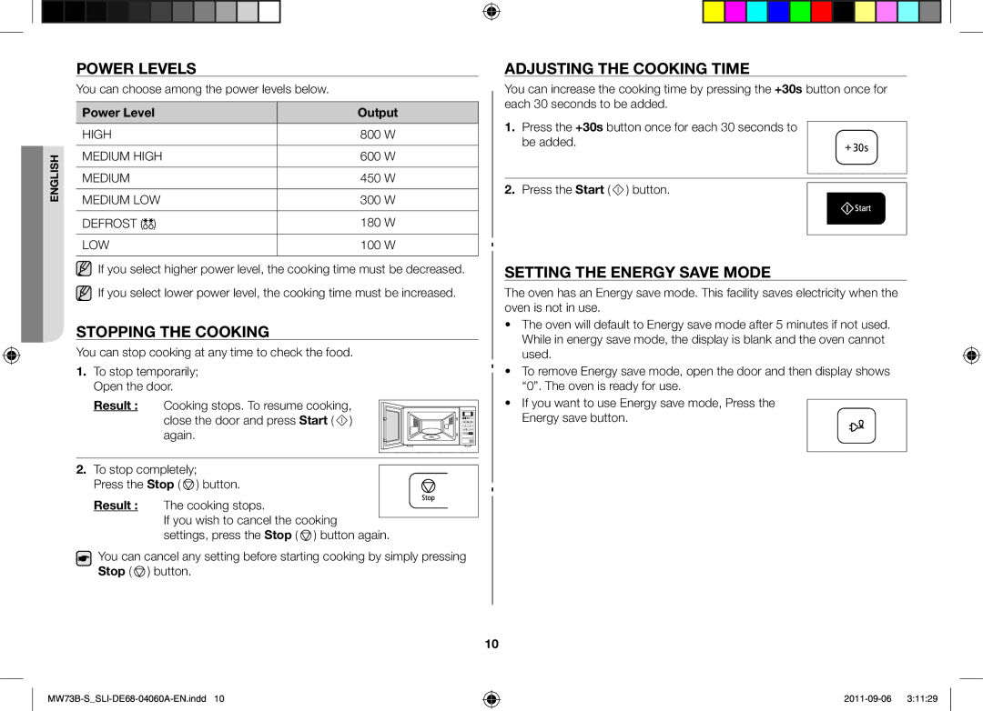 Samsung MW73B/SLI manual Power Levels, Stopping the Cooking, Adjusting the Cooking Time, Setting the Energy Save Mode 