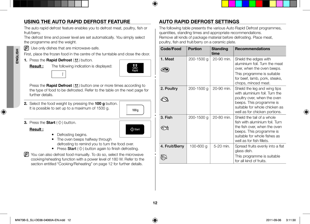 Samsung MW73B/SLI, MW73B-S/SLI manual Using the Auto Rapid Defrost Feature, Auto Rapid Defrost Settings 