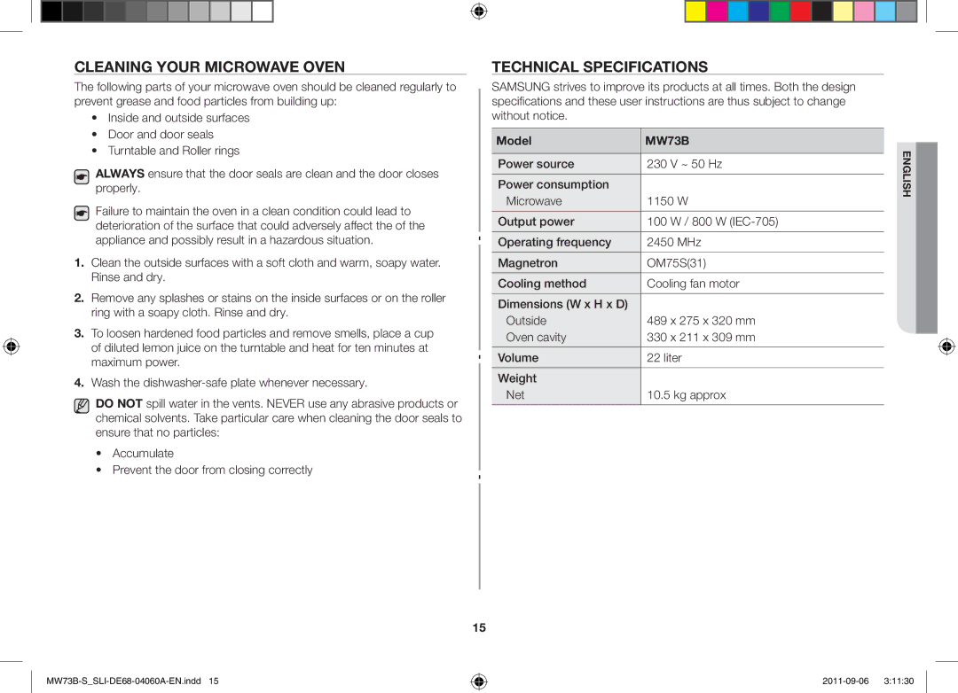 Samsung MW73B-S/SLI, MW73B/SLI manual Cleaning Your Microwave Oven, Technical Specifications, Model 