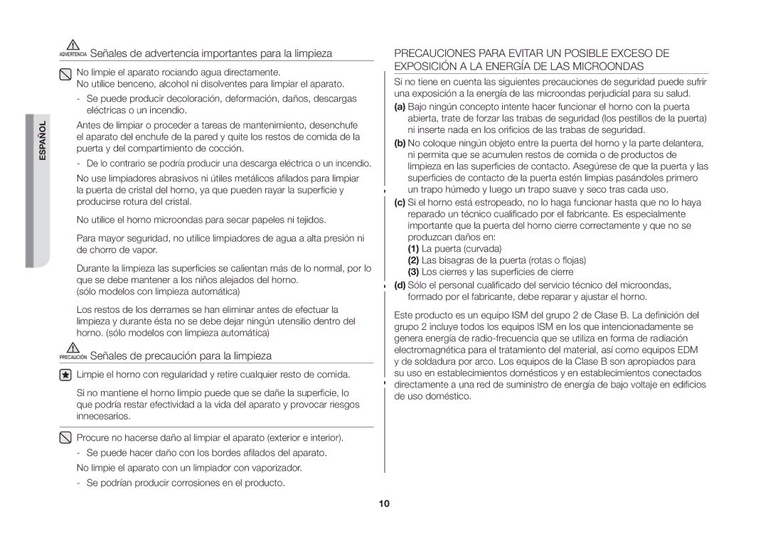 Samsung MW73B/XEC manual Precaución Señales de precaución para la limpieza 