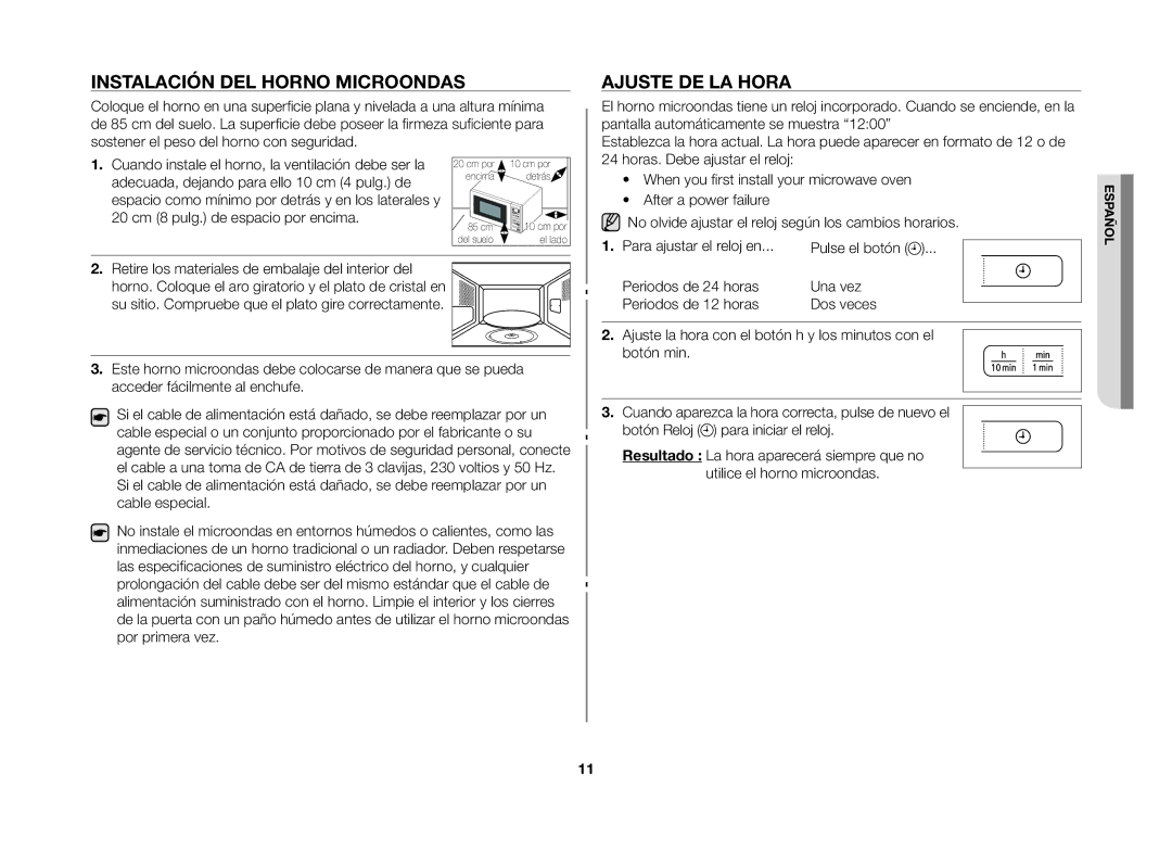 Samsung MW73B/XEC manual Instalación del horno microondas, Ajuste de la hora 