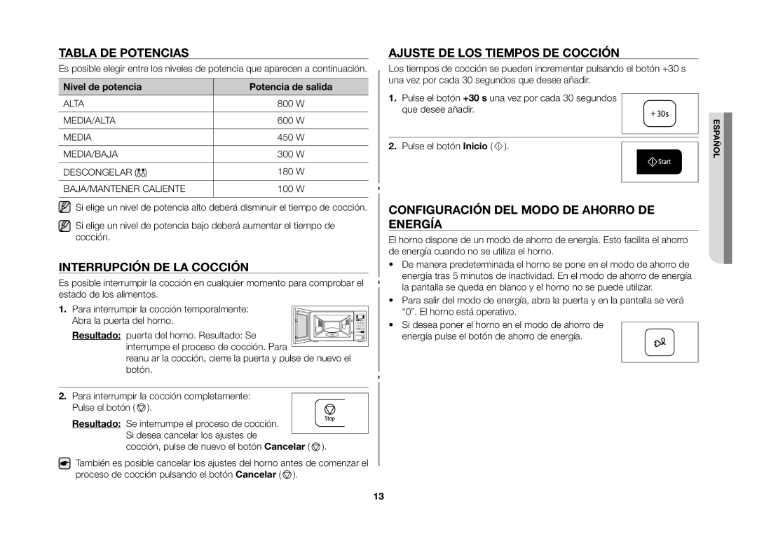 Samsung MW73B/XEC manual Tabla de potencias, Interrupción de la cocción, Ajuste de los tiempos de cocción 