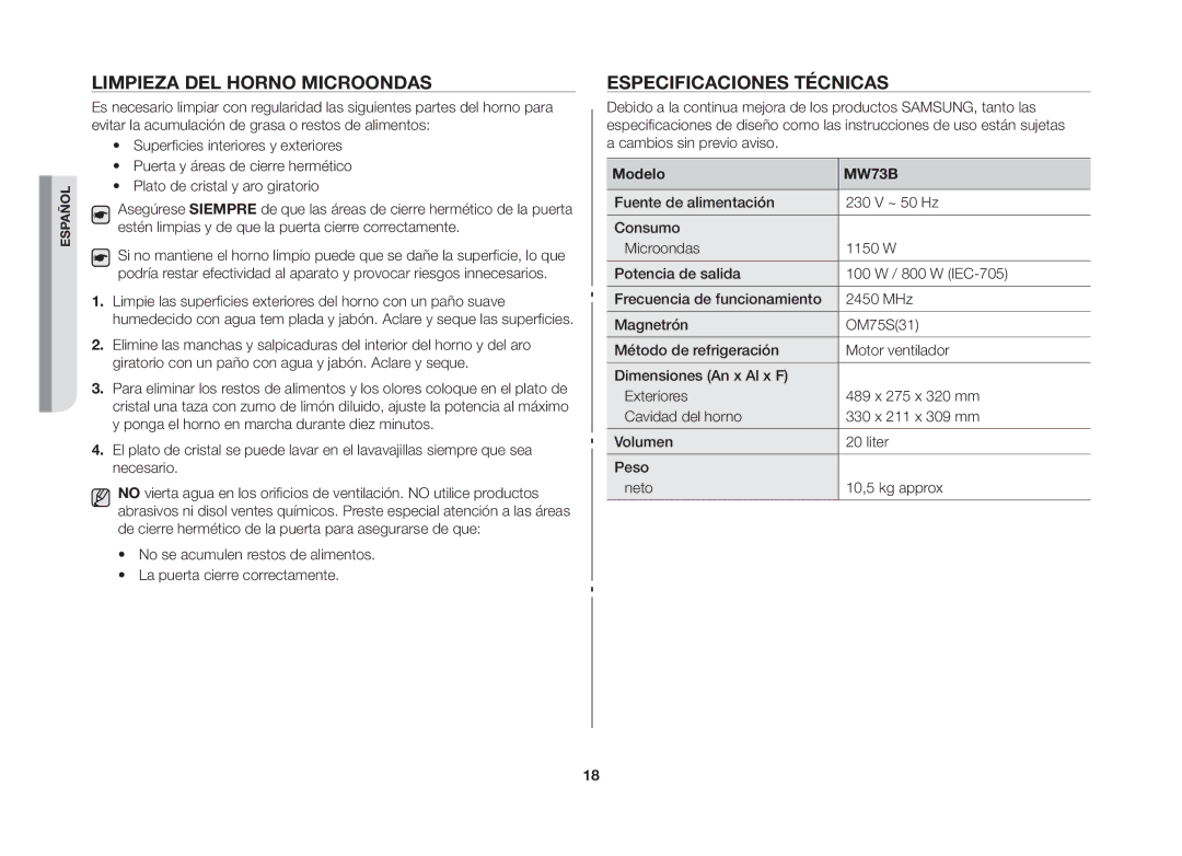 Samsung MW73B/XEC manual Limpieza del horno microondas, Especificaciones técnicas, Modelo 