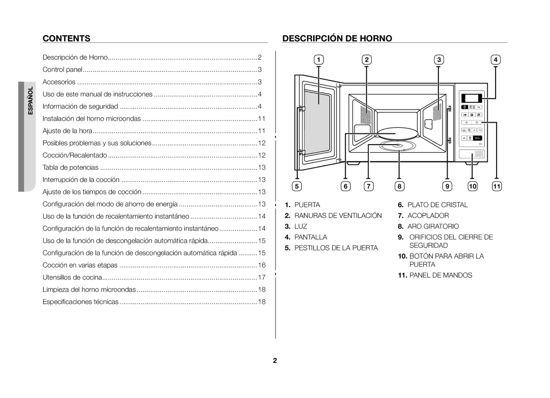 Samsung MW73B/XEC manual Contents, Descripción de Horno 