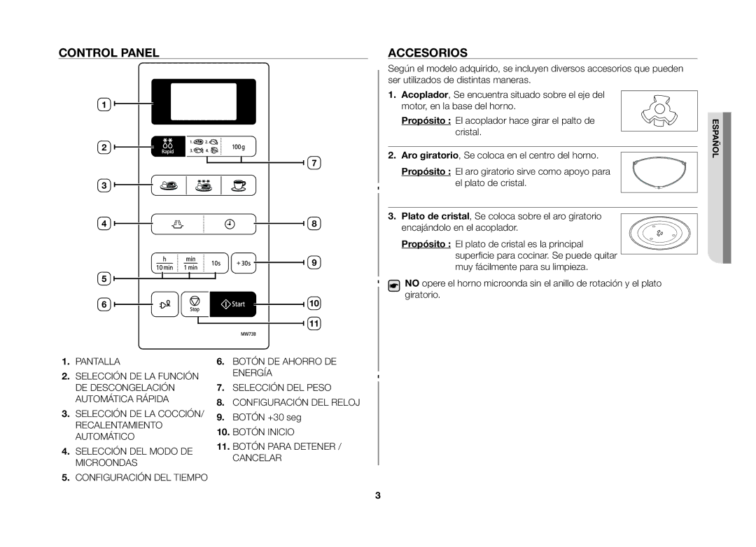 Samsung MW73B/XEC manual Control panel Accesorios 