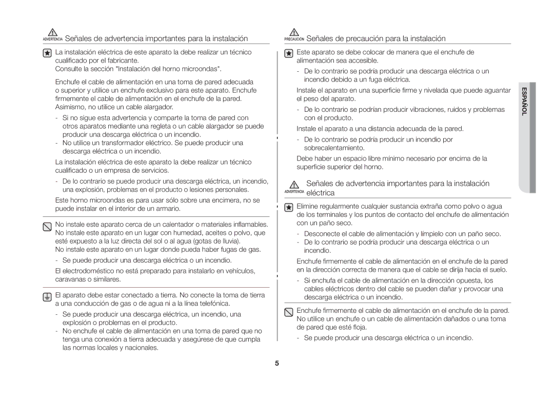 Samsung MW73B/XEC manual Precaución Señales de precaución para la instalación 