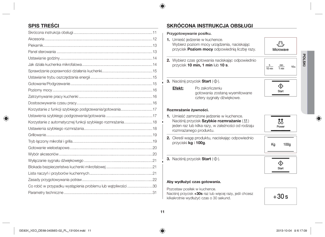 Samsung MW73B/ELE, MW73B/XSG Spis treści, Skrócona instrukcja obsługi, Umieść jedzenie w kuchence, Rozmrażanie żywności 