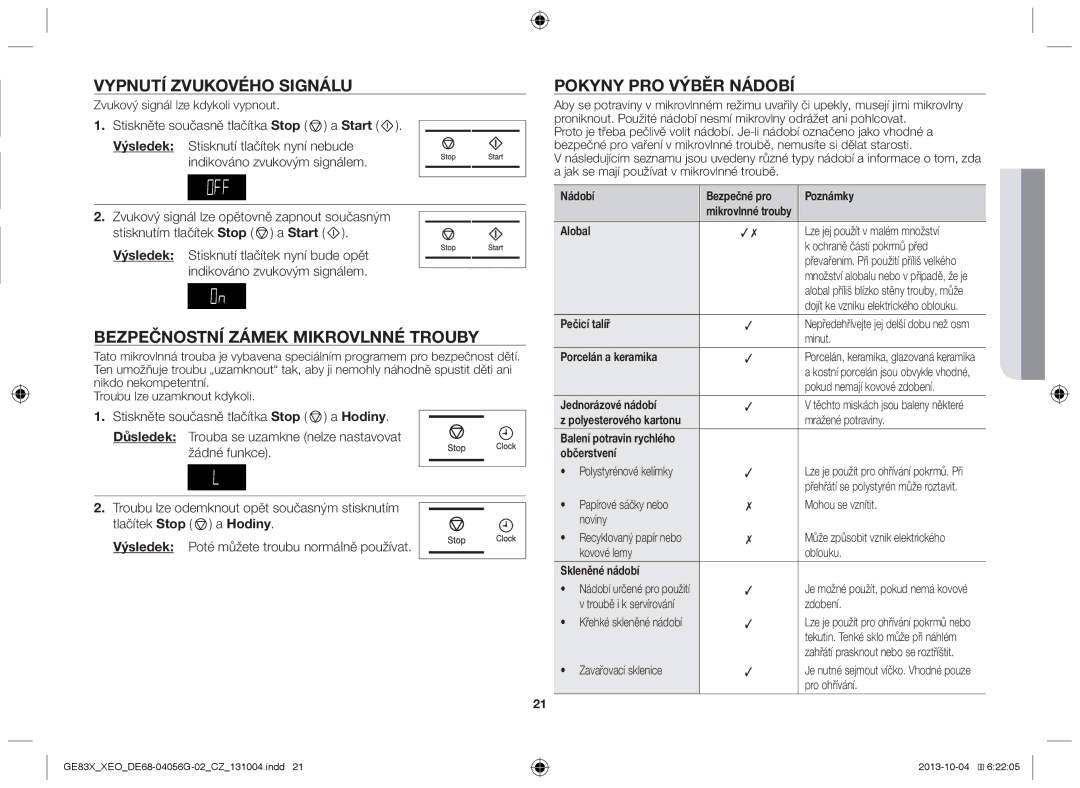 Samsung GE83X/XEG, MW73B/XSG manual Vypnutí zvukového signálu, Bezpečnostní zámek mikrovlnné trouby, Pokyny pro výběr nádobí 