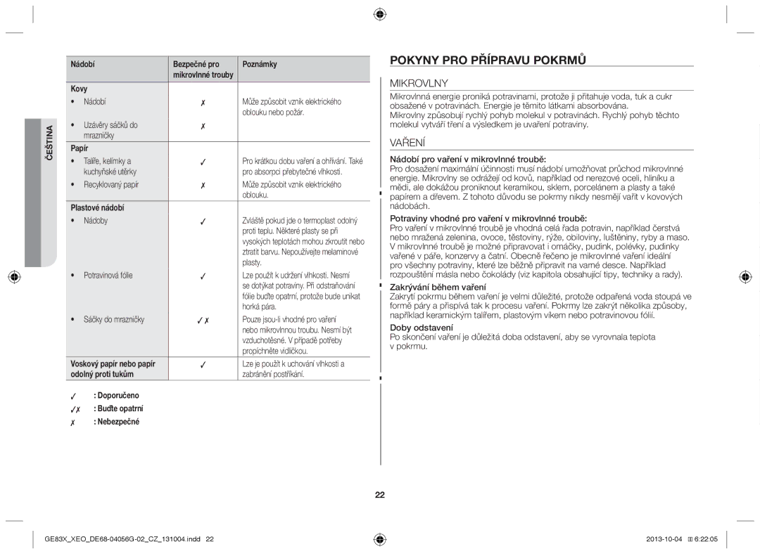 Samsung MW73B/BAL, MW73B/XSG, GE83X/XEO, MW73B/XTC, GE83X/XEG, MW73B/ELE manual Pokyny pro přípravu pokrmů, Mikrovlny, Vaření 