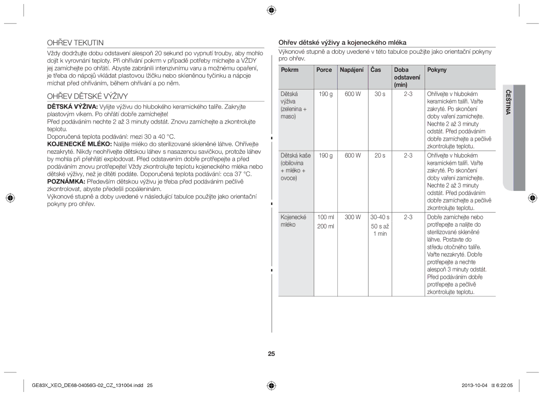 Samsung GE83X/XEO, MW73B/XSG, MW73B/XTC manual Ohřev Tekutin, Ohřev Dětské Výživy, Ohřev dětské výživy a kojeneckého mléka 