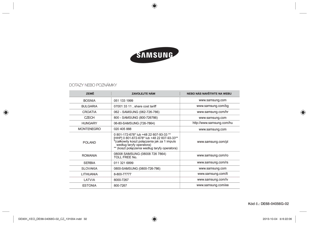 Samsung MW73B/XTC, MW73B/XSG, GE83X/XEO, GE83X/XEG, MW73B/BAL, MW73B/ELE manual Kód č. DE68-04056G-02 