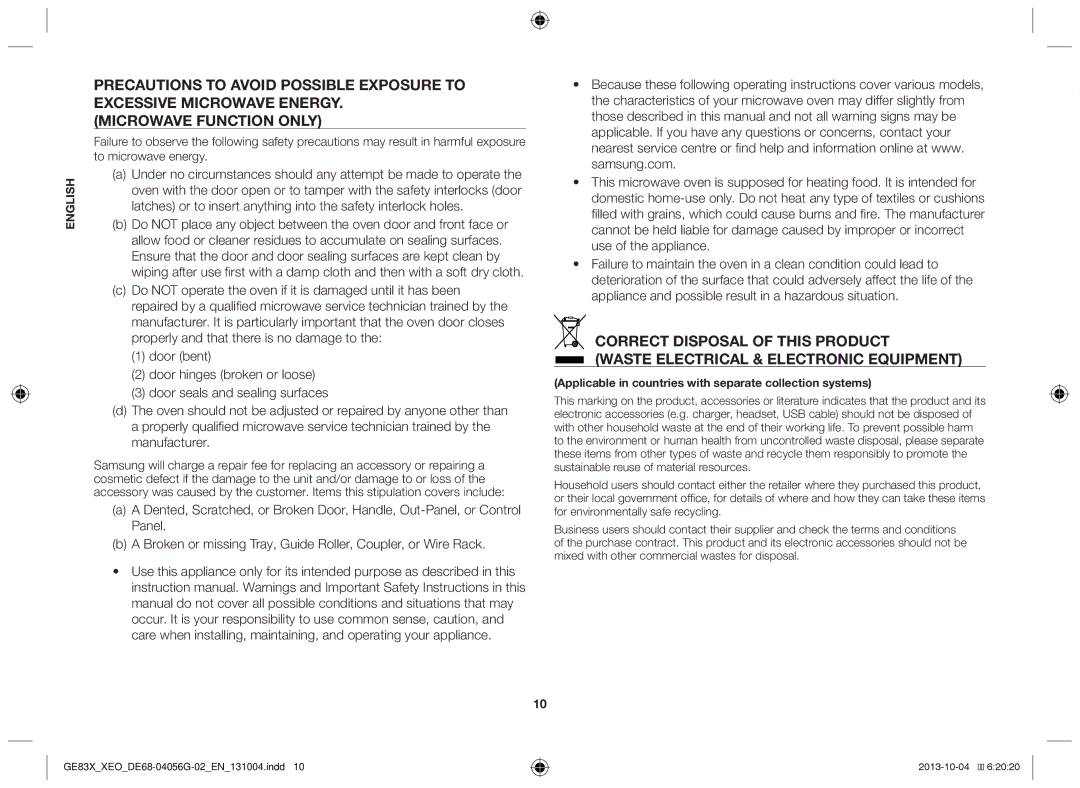 Samsung MW73B/XSG, GE83X/XEO, MW73B/XTC, GE83X/XEG, MW73B/BAL manual Applicable in countries with separate collection systems 